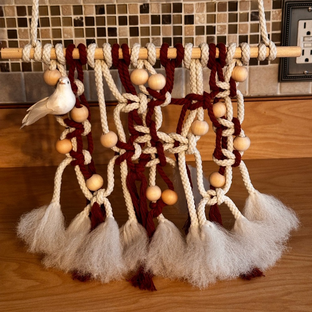 Handmade boho cream and rust with tan beads and little white bird macrame decor